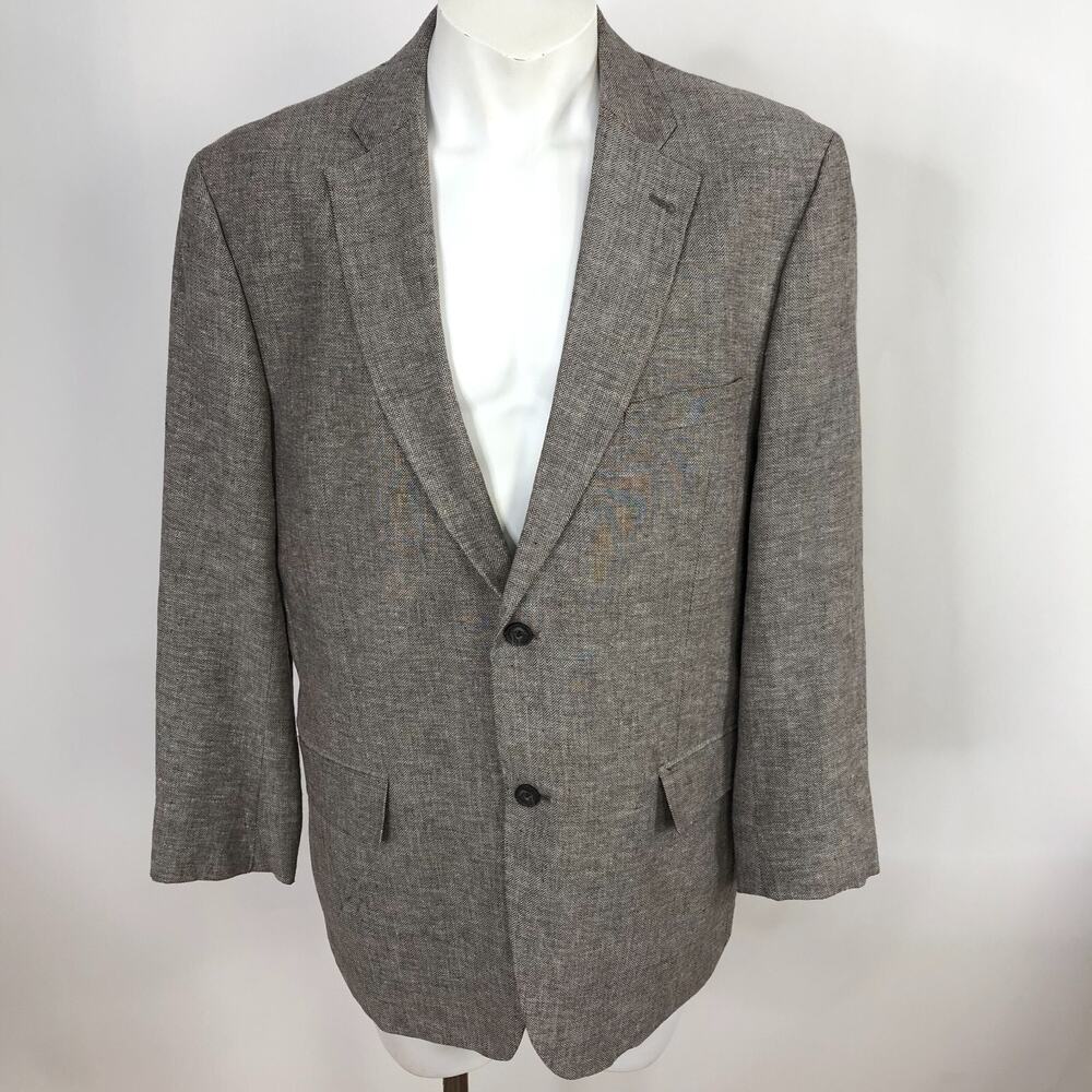 Tasso Elba Island Large 42-44 Herringbone Linen Cotton Sport Coat Jacket Brown